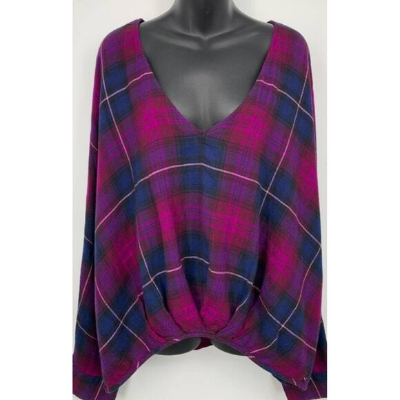 NWT Express Womens Purple Blue Plaid Flannel Top Long Sleeve Round Neck Size XL - Picture 2 of 6